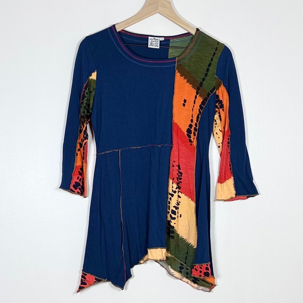 Parsley & Sage Womens Tunic Top Size S Blue Patchwork Lagenlook Sharkbite Hem